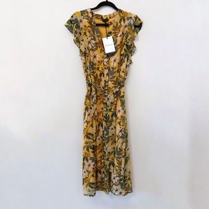 Yellow Floral Print Ruffle Sleeve Midi Dress